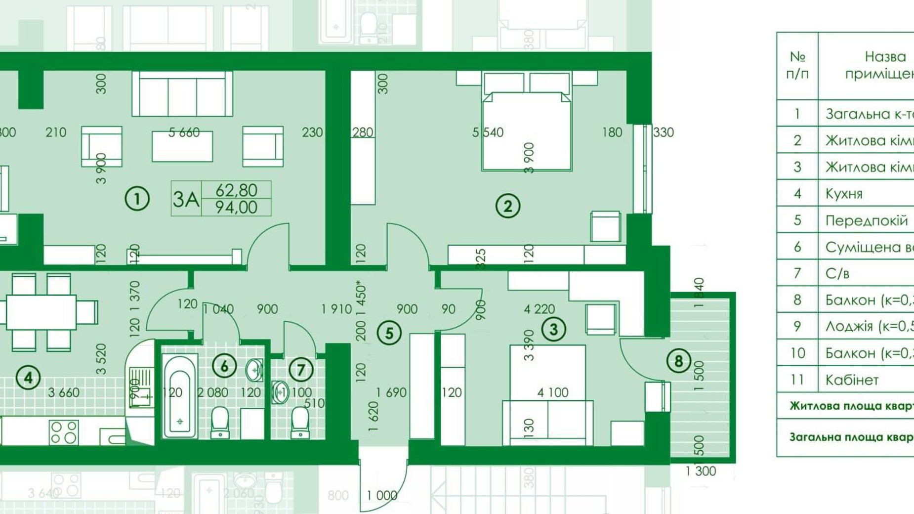 Планування 3-кімнатної квартири в ЖК Парковий Квартал  94 м², фото 161971
