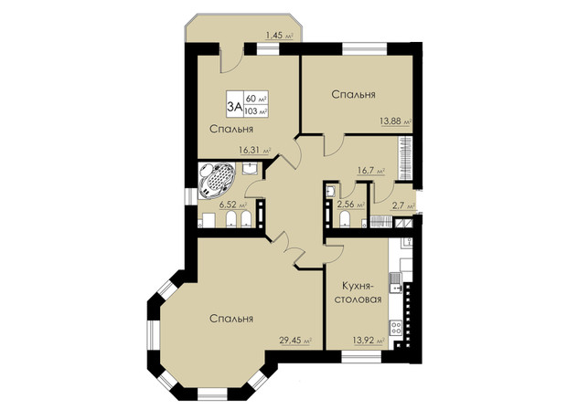 ЖК Марко Поло: планировка 3-комнатной квартиры 104 м²