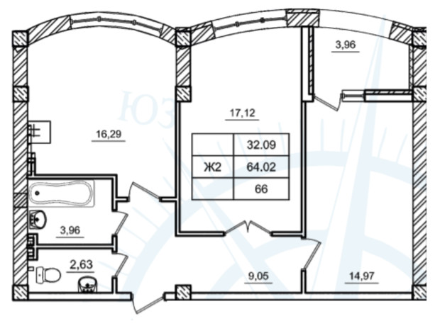 ЖК Дом у моря: планировка 2-комнатной квартиры 66 м²