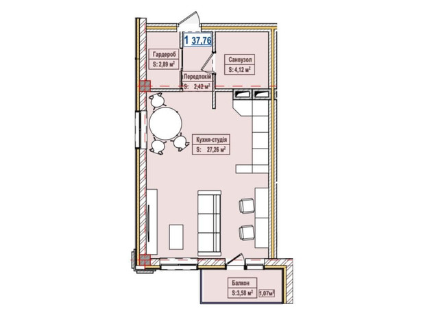 ЖК Олександрівськ: планування 1-кімнатної квартири 37.76 м²