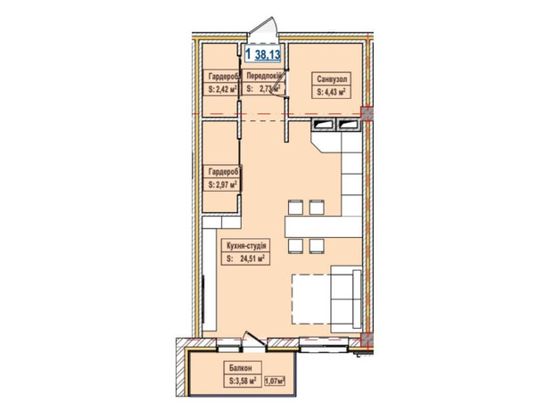 ЖК Александровск: планировка 1-комнатной квартиры 38.13 м²