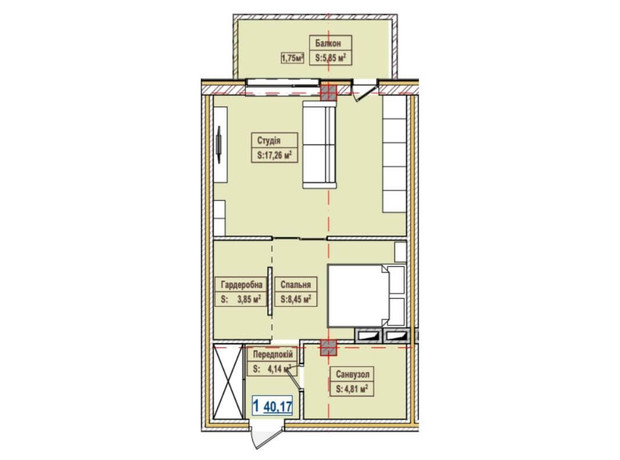 ЖК Александровск: планировка 1-комнатной квартиры 40.17 м²