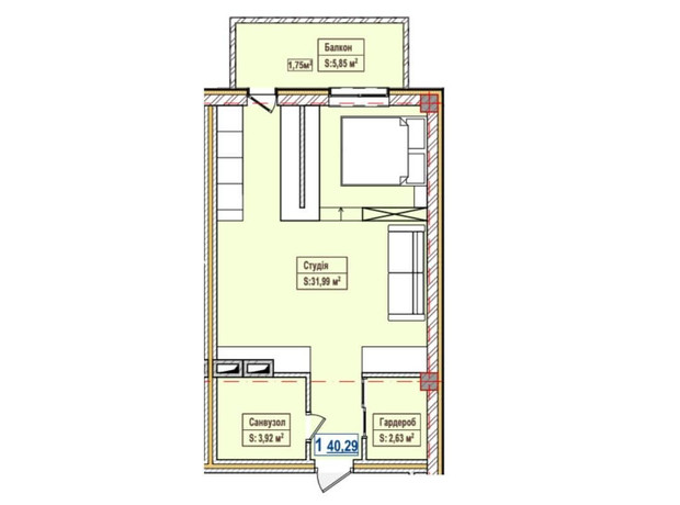 ЖК Александровск: планировка 1-комнатной квартиры 40.29 м²