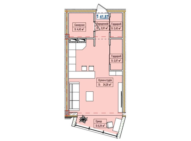 ЖК Олександрівськ: планування 1-кімнатної квартири 41.87 м²