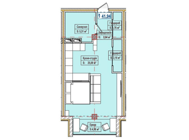 ЖК Олександрівськ: планування 1-кімнатної квартири 41.94 м²