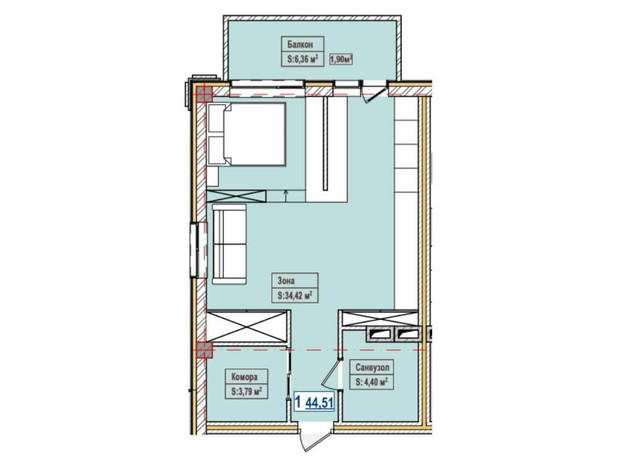 ЖК Олександрівськ: планування 1-кімнатної квартири 44.51 м²