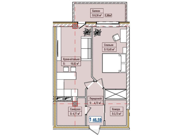 ЖК Олександрівськ: планування 1-кімнатної квартири 46.59 м²