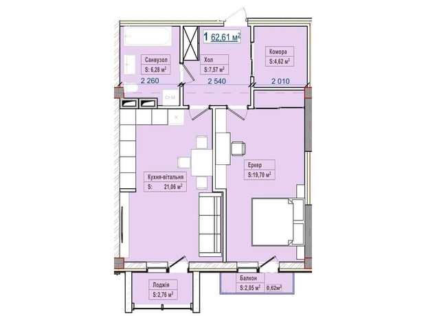 ЖК Александровск: планировка 1-комнатной квартиры 62.61 м²