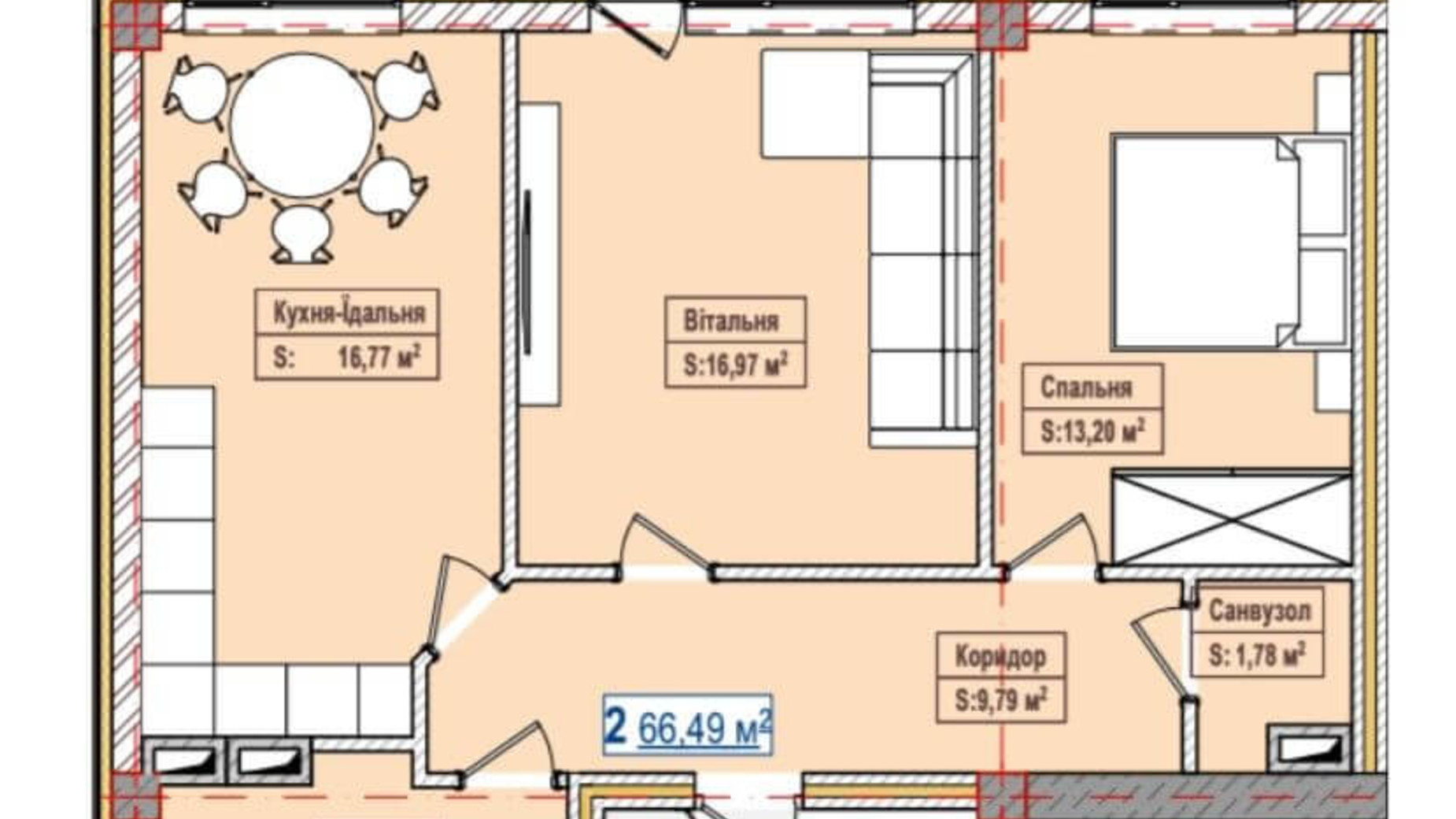 Планировка 2-комнатной квартиры в ЖК Александровск 66.49 м², фото 163075