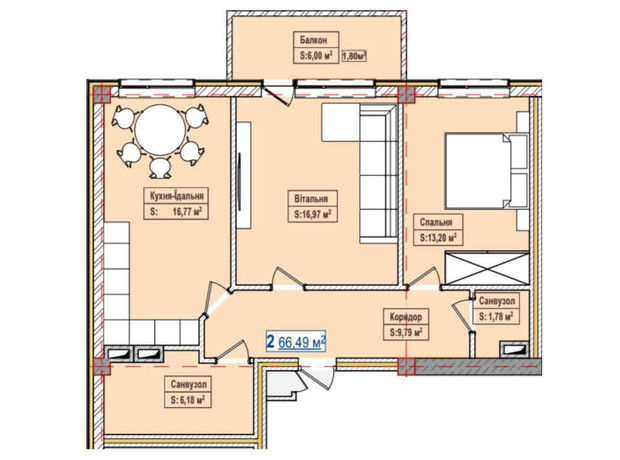 ЖК Олександрівськ: планування 2-кімнатної квартири 66.49 м²