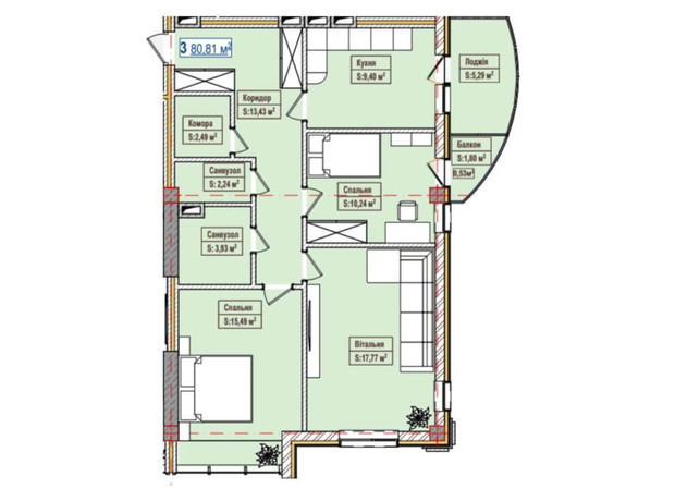 ЖК Александровск: планировка 2-комнатной квартиры 80.81 м²