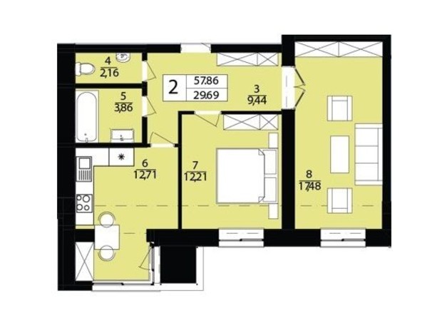 ЖК Дизайн парк: планировка 2-комнатной квартиры 57.86 м²
