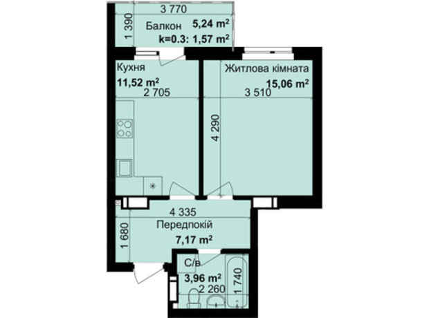 ЖК Кришталеві джерела: планировка 1-комнатной квартиры 39.28 м²