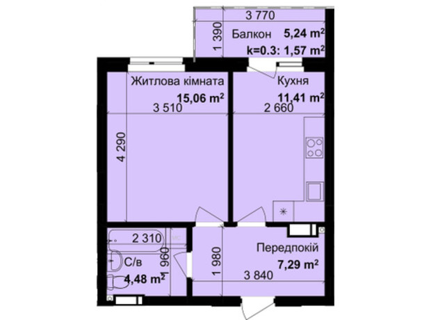 ЖК Кришталеві джерела: планировка 1-комнатной квартиры 39.81 м²