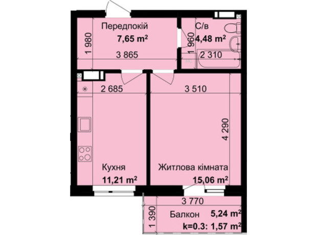 ЖК Кришталеві джерела: планировка 1-комнатной квартиры 39.97 м²