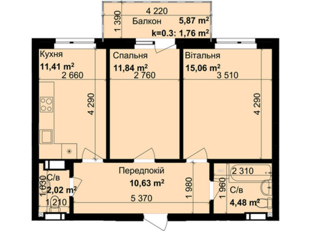 ЖК Кришталеві джерела: планировка 2-комнатной квартиры 57.2 м²