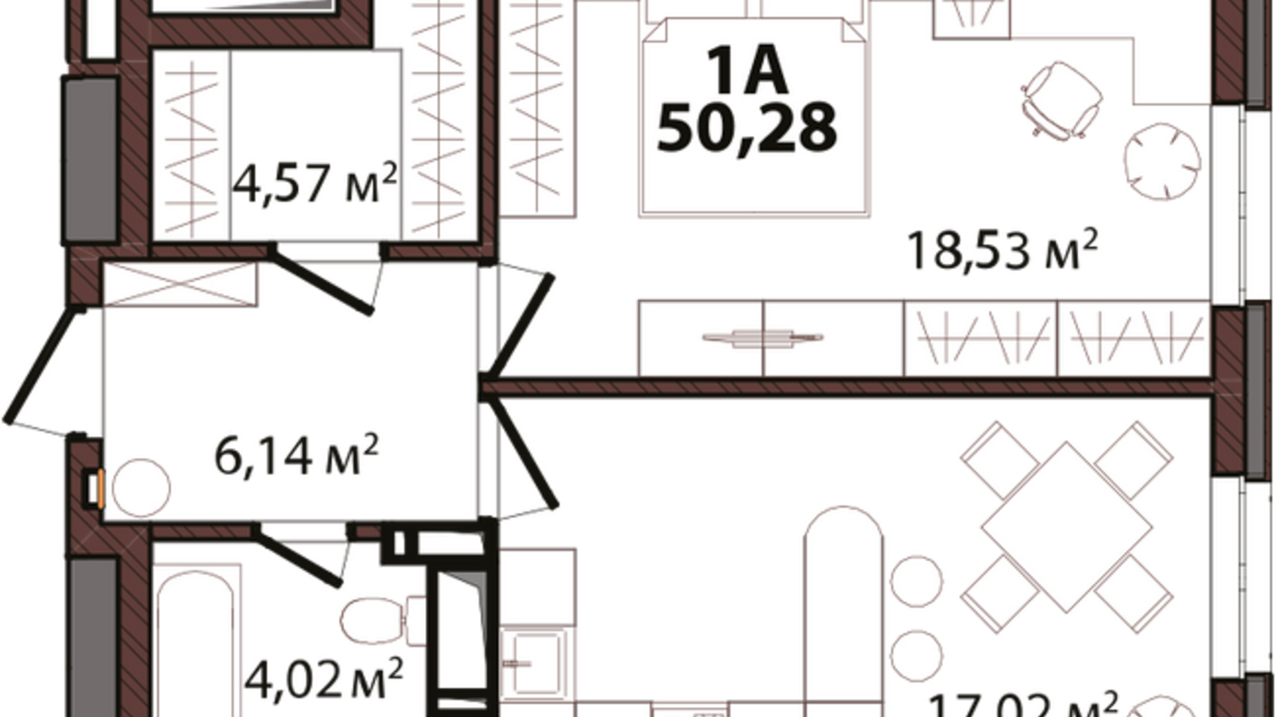 Планування 1-кімнатної квартири в ЖК Edeldorf 50.28 м², фото 163398