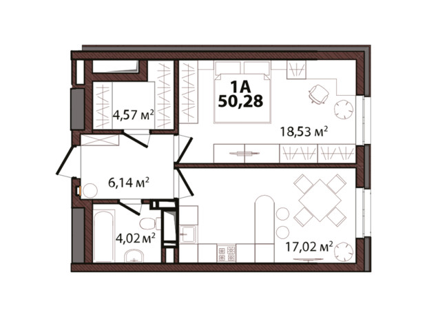 ЖК Edeldorf: планировка 1-комнатной квартиры 50.28 м²