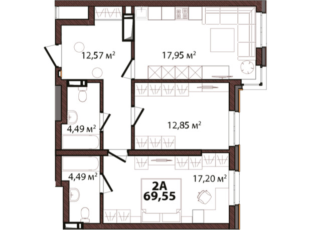 ЖК Edeldorf: планировка 2-комнатной квартиры 69.55 м²