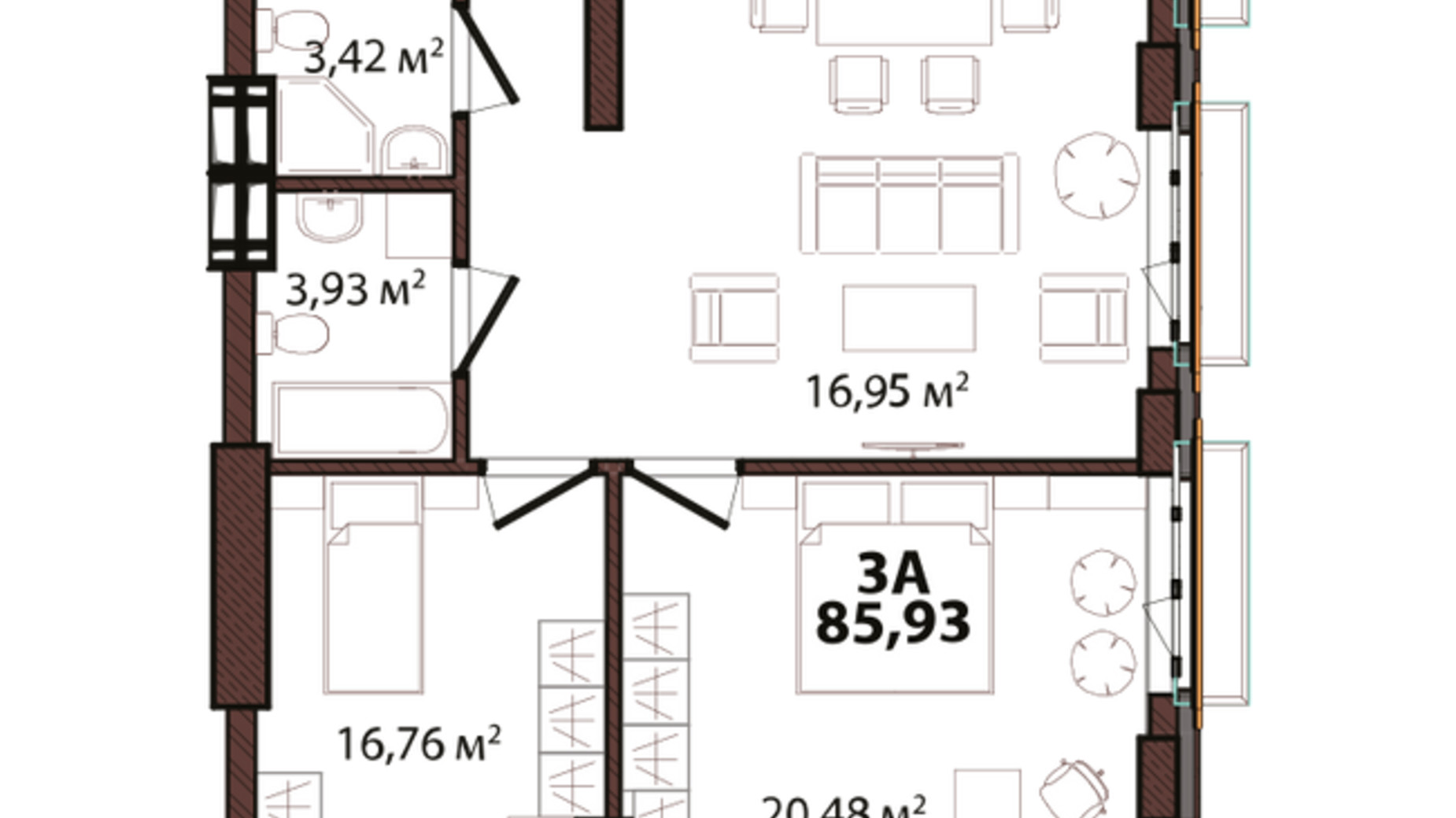 Планировка 3-комнатной квартиры в ЖК Edeldorf 85.93 м², фото 163400