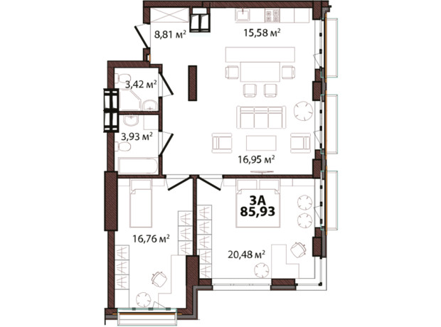 ЖК Edeldorf: планировка 3-комнатной квартиры 85.93 м²