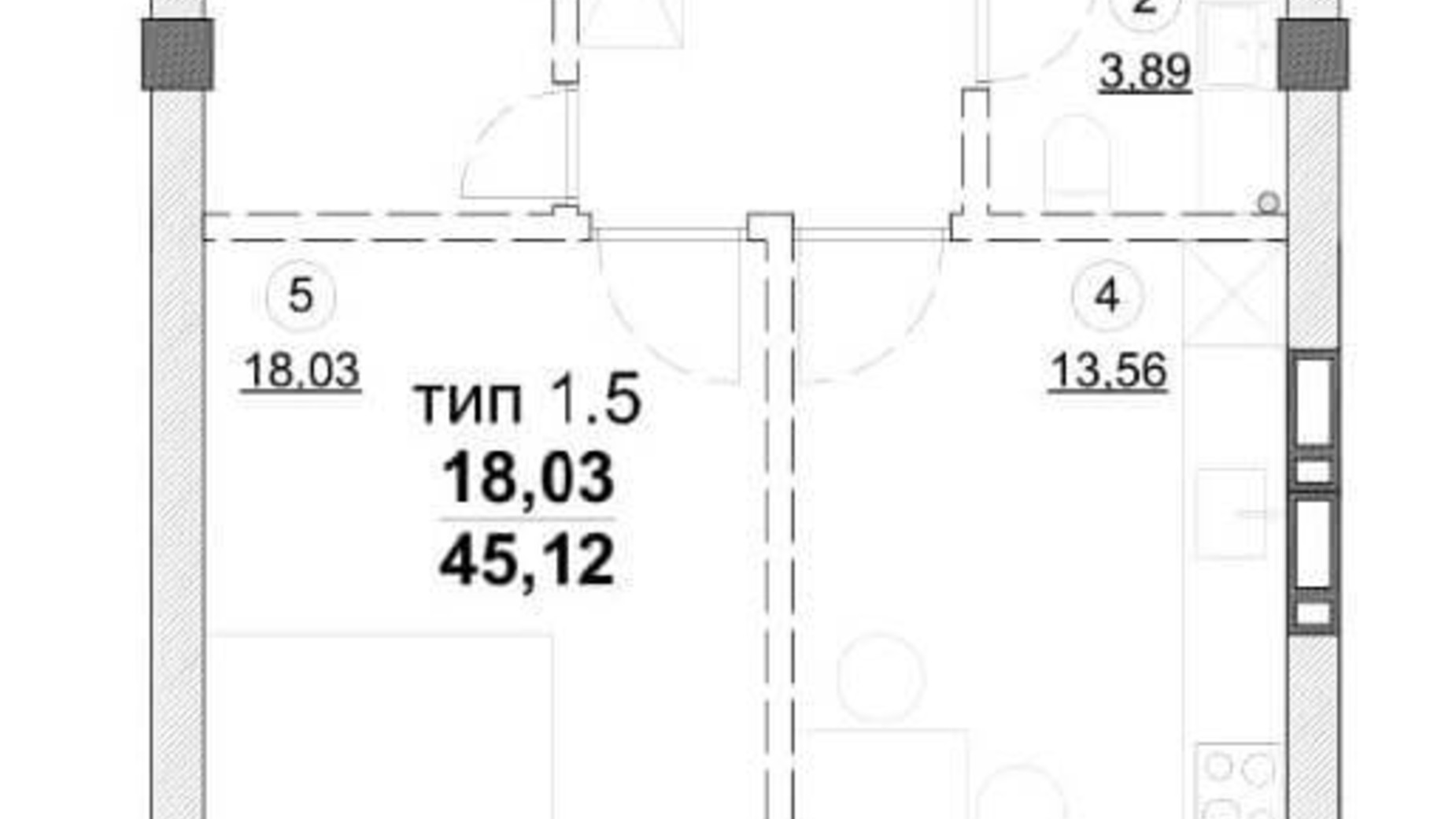 Планування 1-кімнатної квартири в ЖК Олімпійський  45.12 м², фото 163547