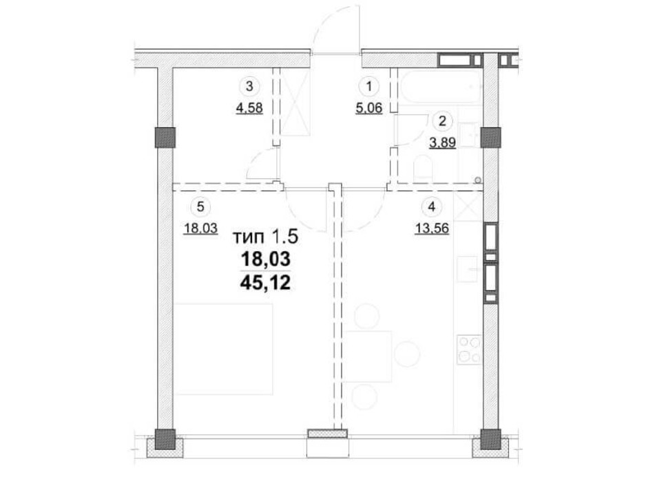 Планировка 1-комнатной квартиры в ЖК Олимпийский New 45.12 м², фото 163547 Планировка 1-комнатной квартиры в ЖК Олимпийский New 45.12 м², фото 163547