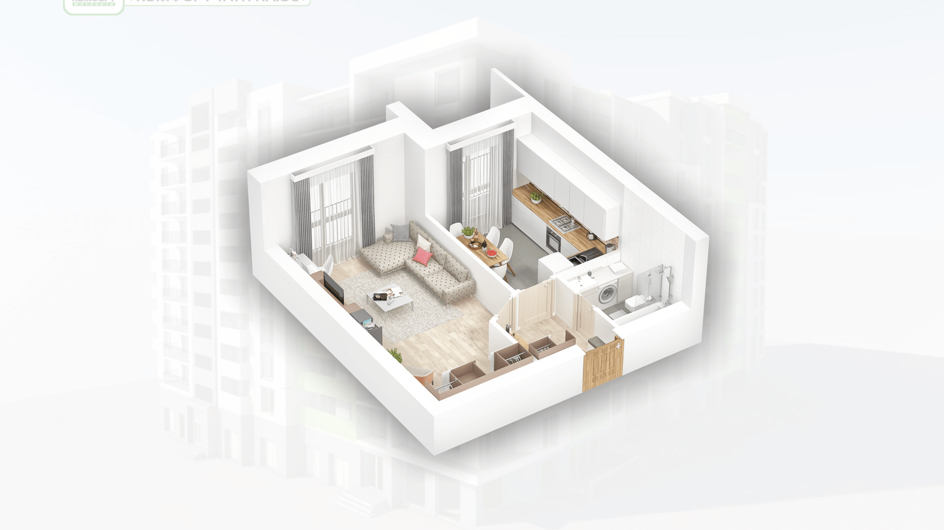 Планування 1-кімнатної квартири в ЖК Комфорт Таун плюс 43.08 м², фото 164127