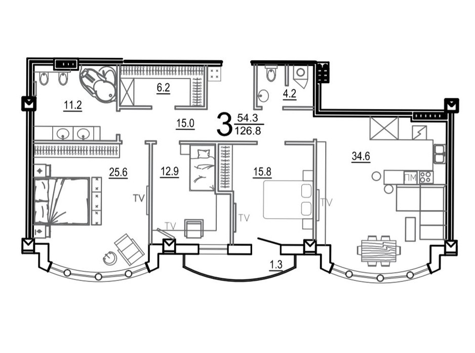 Планировка 3-комнатной квартиры в КД Biarritz 126.8 м², фото 164130 Планировка 3-комнатной квартиры в КД Biarritz 126.8 м², фото 164130