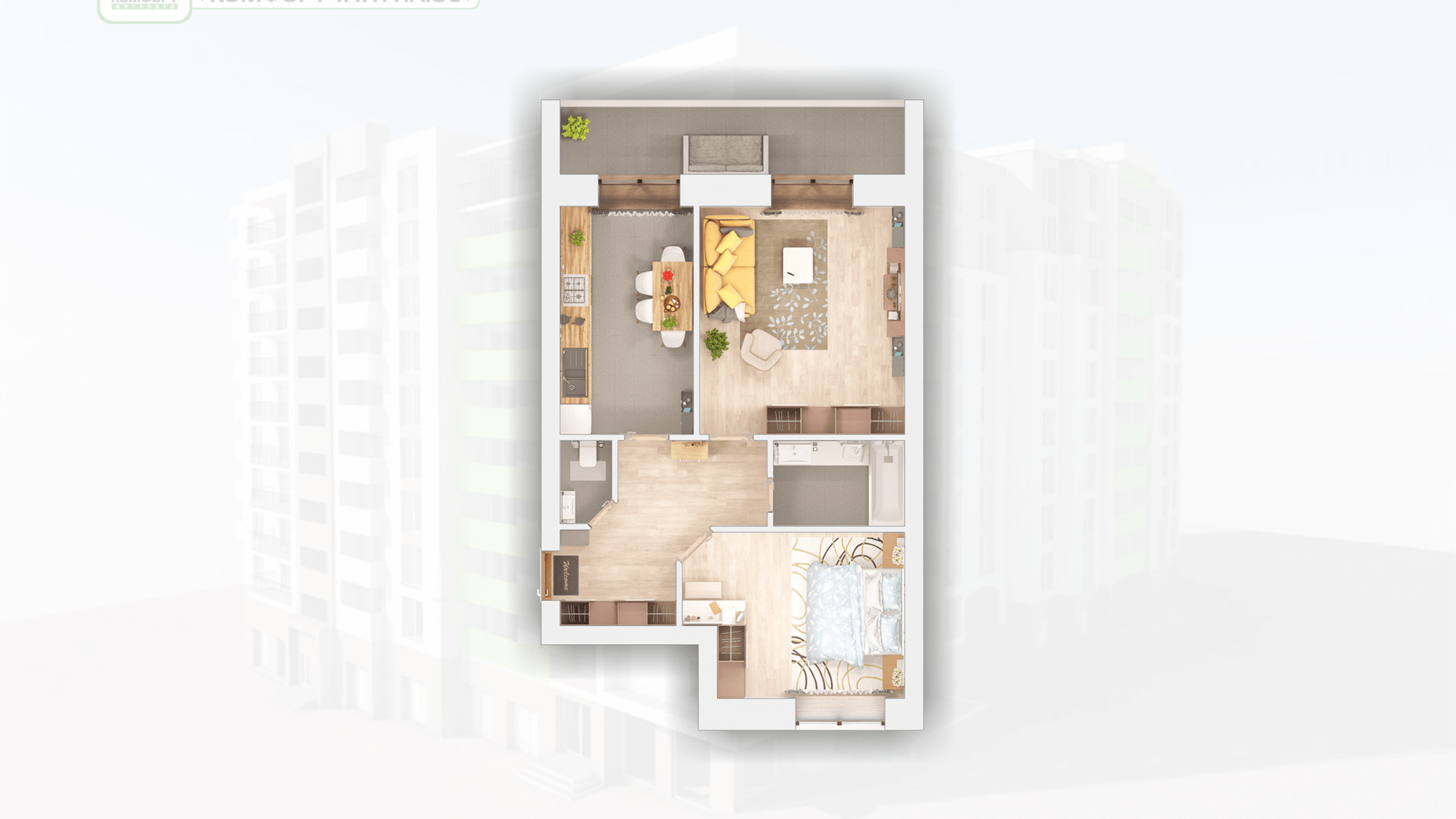 Планировка 2-комнатной квартиры в ЖК Комфорт Таун плюс 65.72 м², фото 164174