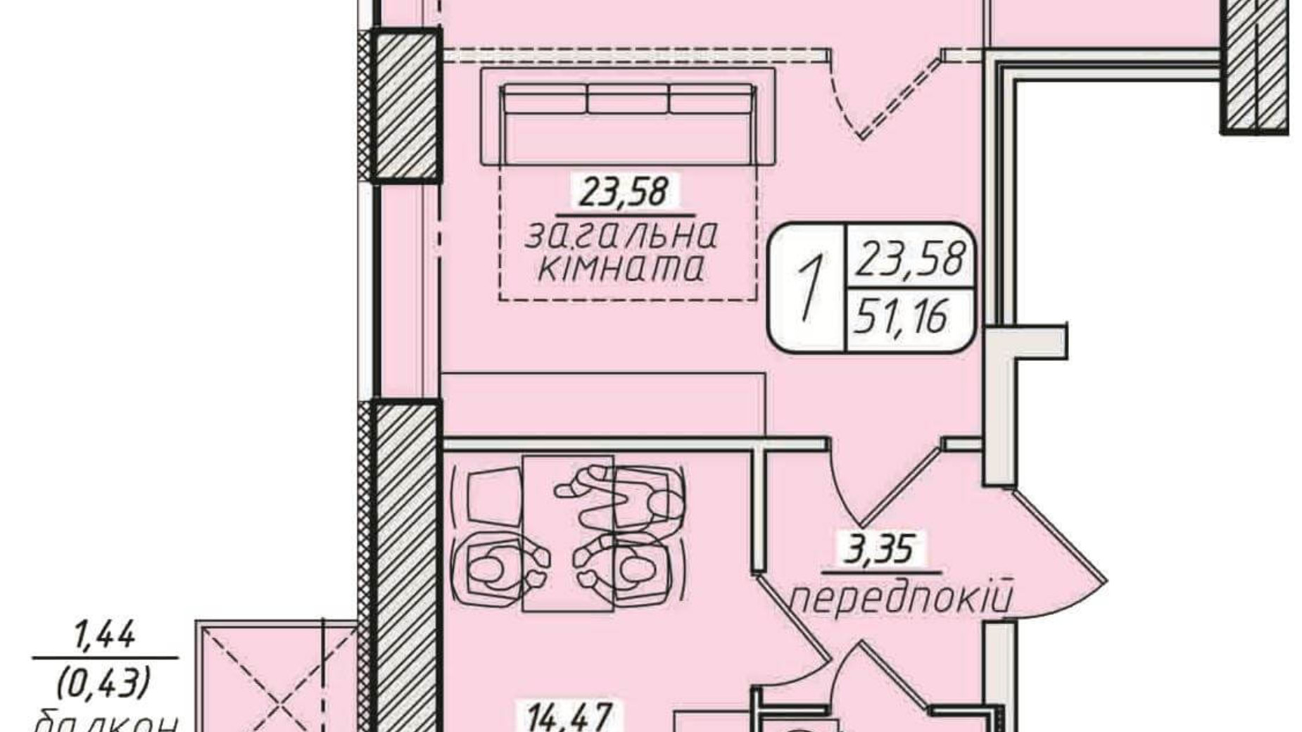 Планировка 1-комнатной квартиры в ЖК Западный 51.16 м², фото 164494