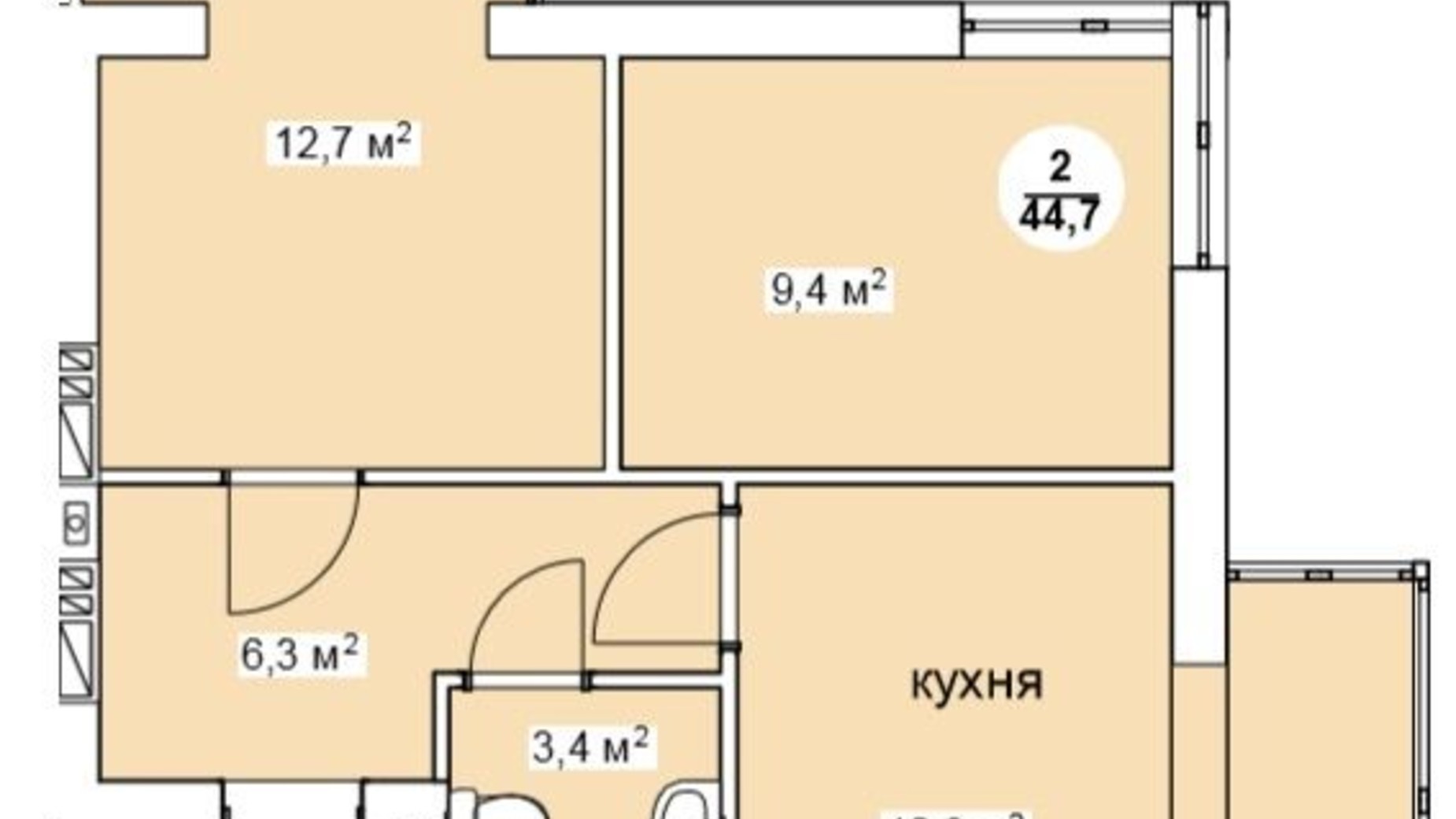 Планировка 2-комнатной квартиры в ЖК Дания 44.7 м², фото 164497