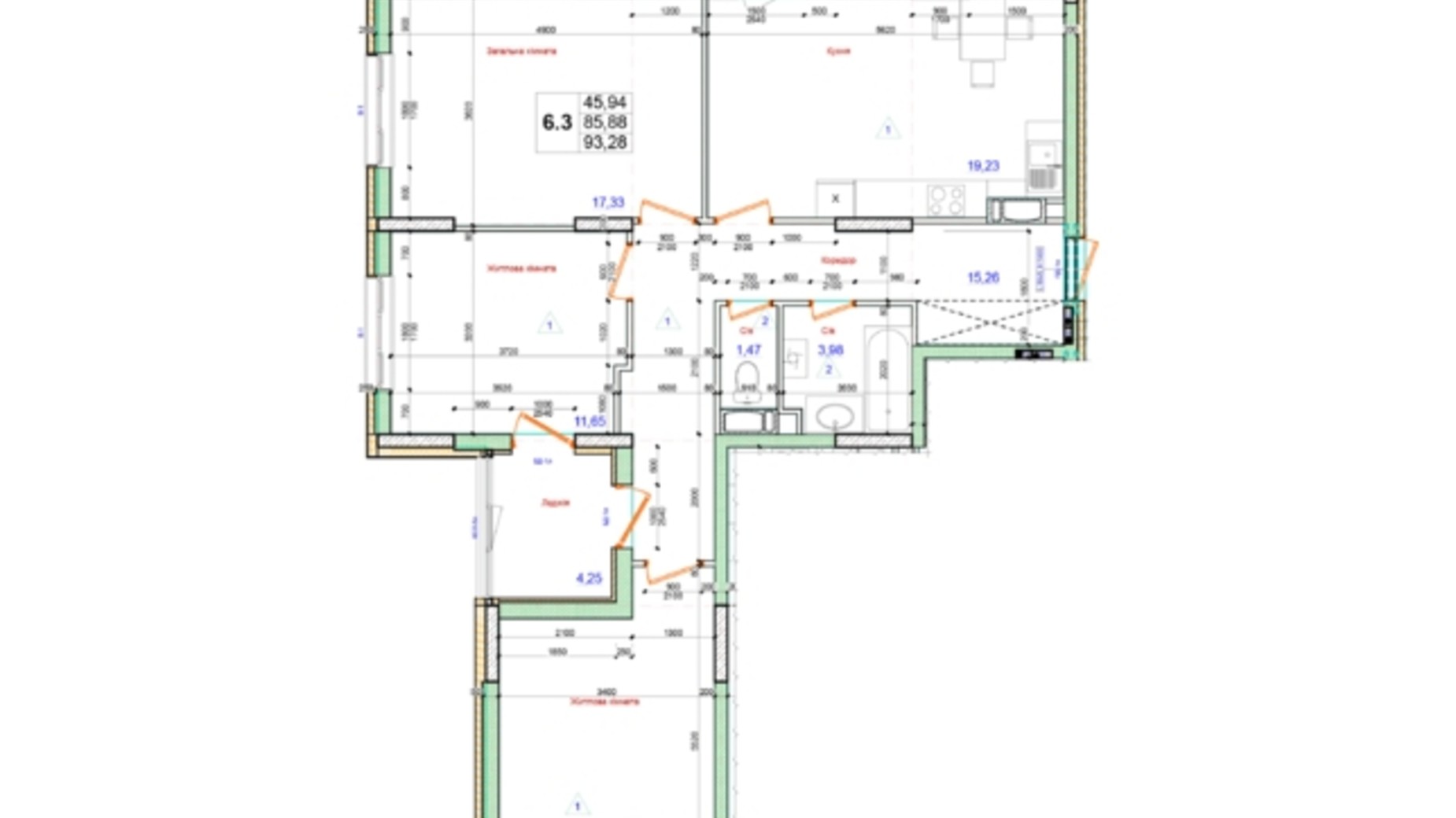 Планировка 3-комнатной квартиры в ЖК Олимпийский 93.28 м², фото 164793