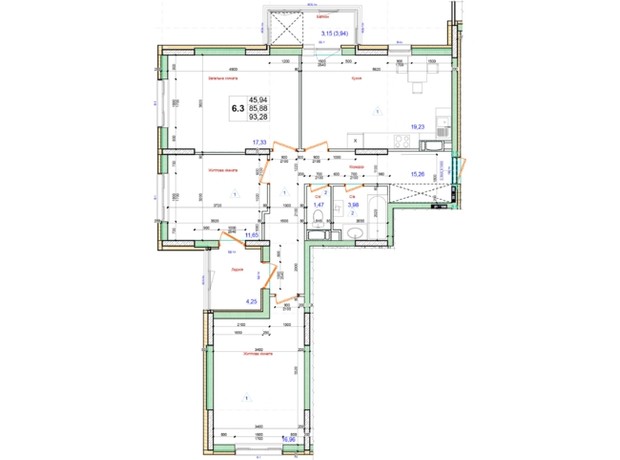 ЖК Олімпійський: планування 3-кімнатної квартири 93.28 м²