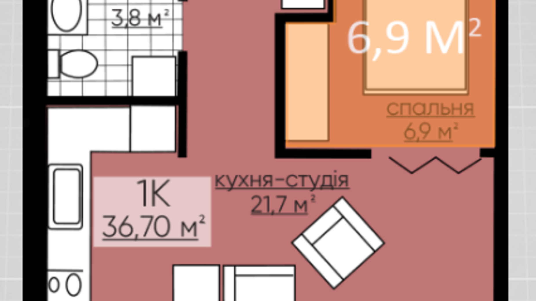 Планування 1-кімнатної квартири в ЖК Provance Home 36.7 м², фото 164802