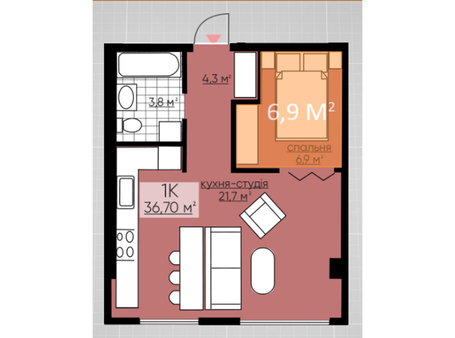 Планировка 1-комнатной квартиры в ЖК Provance Home 36.7 м², фото 164802 Планировка 1-комнатной квартиры в ЖК Provance Home 36.7 м², фото 164802