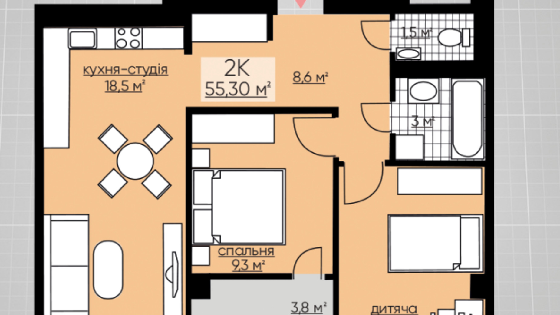 Планировка 2-комнатной квартиры в ЖК Provance Home 55.3 м², фото 164809