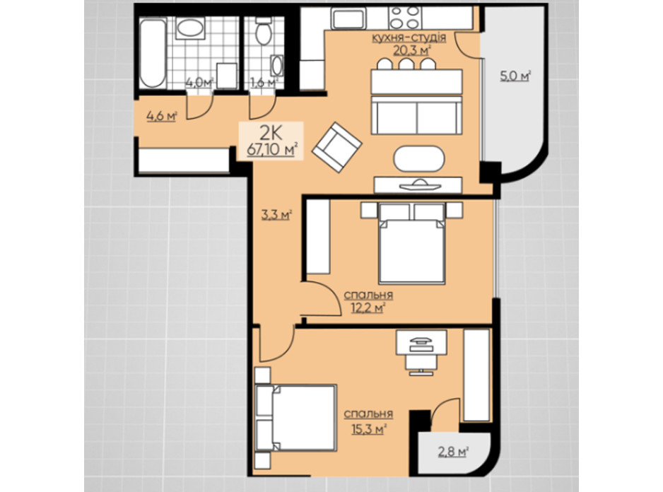 Планування 2-кімнатної квартири в ЖК Provance Home 67.1 м², фото 164810 Планування 2-кімнатної квартири в ЖК Provance Home 67.1 м², фото 164810