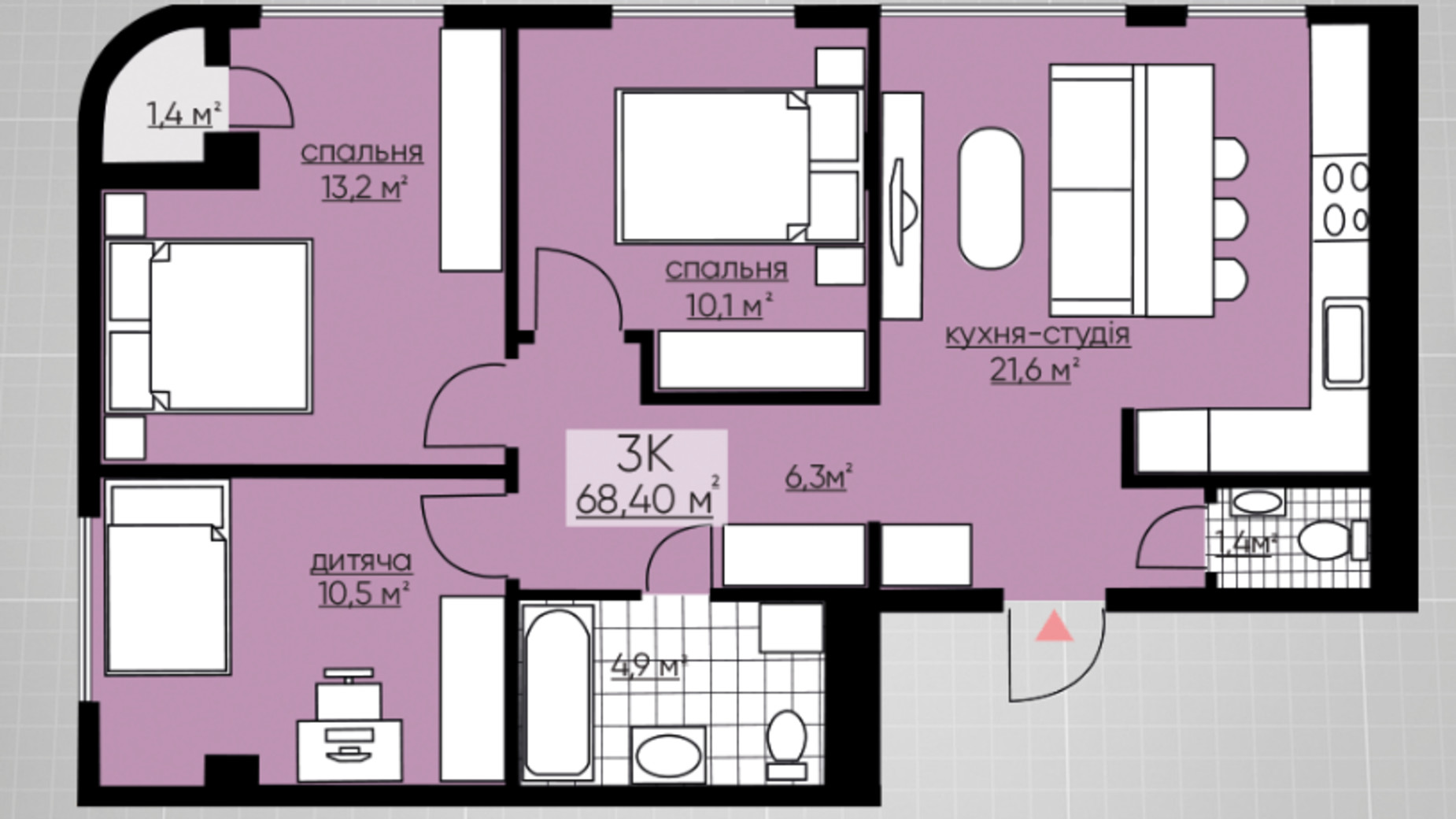 Планировка 3-комнатной квартиры в ЖК Provance Home 68.4 м², фото 164811