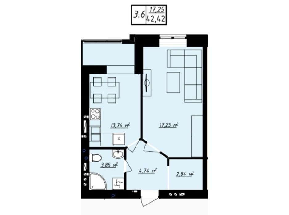 Планування 1-кімнатної квартири в ЖК Одеська Чайка 42.42 м², фото 165729 Планування 1-кімнатної квартири в ЖК Одеська Чайка 42.42 м², фото 165729