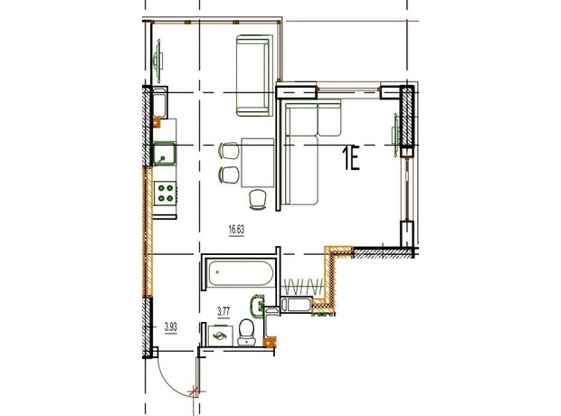 ЖК Derby Style House: планування 1-кімнатної квартири 37.21 м²