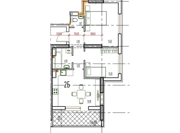 ЖК Derby Style House: планування 2-кімнатної квартири 57.53 м²