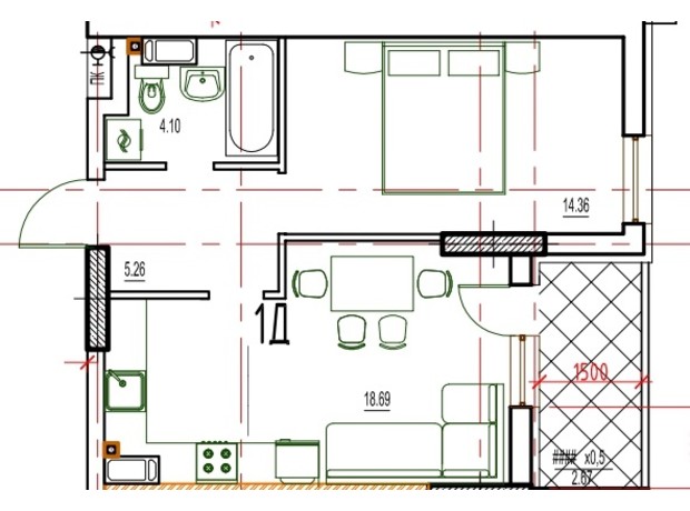 ЖК Derby Style House: планування 1-кімнатної квартири 45.93 м²