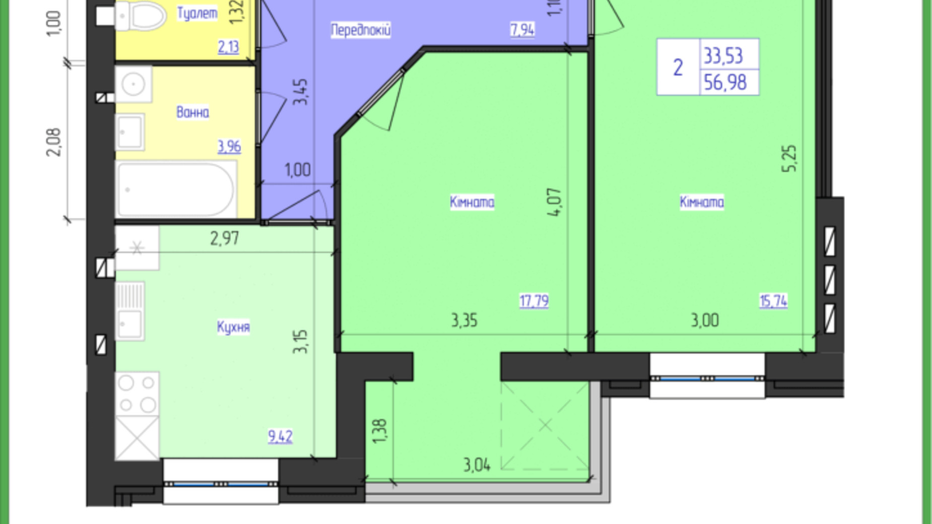 Планування 2-кімнатної квартири в ЖК Олімпійський 56.98 м², фото 166550