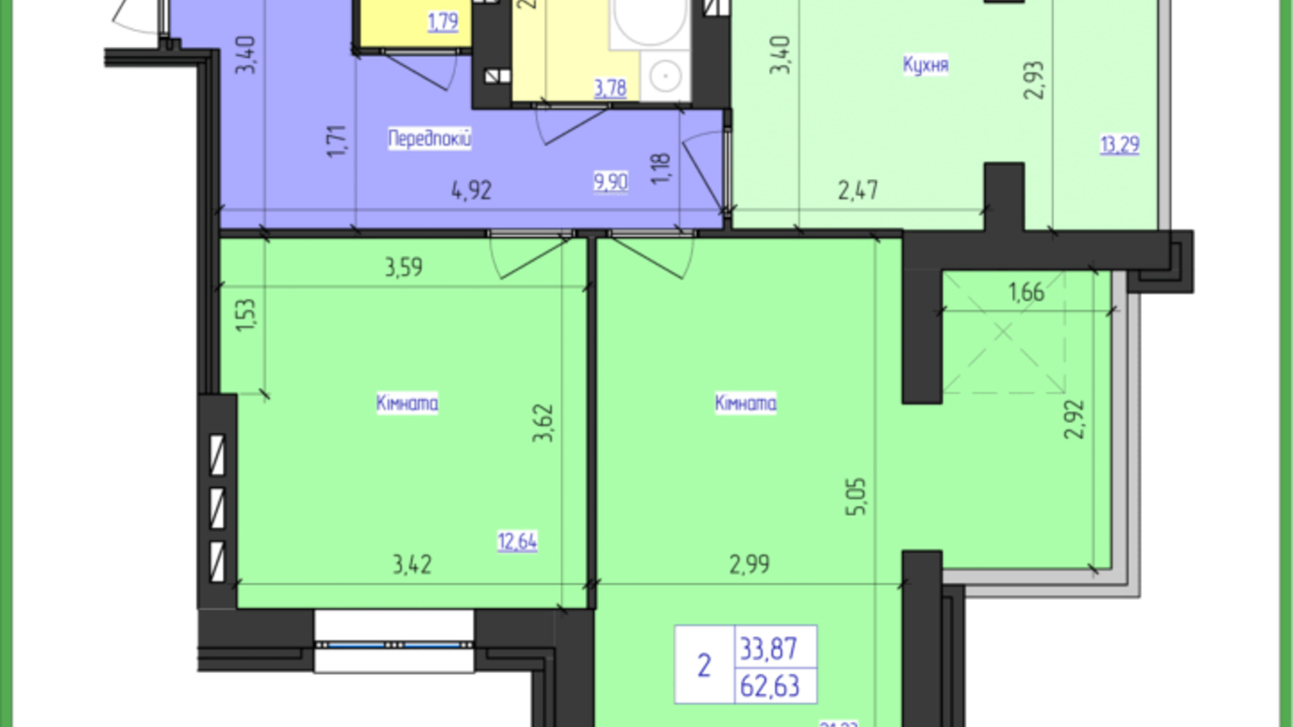 Планировка 2-комнатной квартиры в ЖК Олимпийский 62.63 м², фото 166554