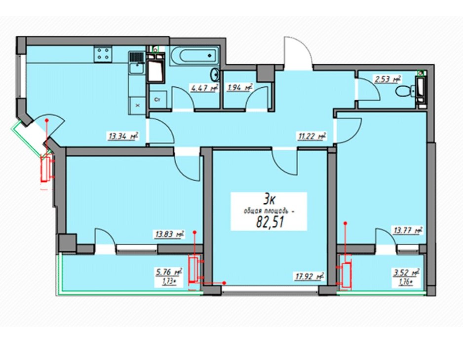 Планировка 3-комнатной квартиры в ЖК Элегия Парк 82.72 м², фото 166574 Планировка 3-комнатной квартиры в ЖК Элегия Парк 82.72 м², фото 166574