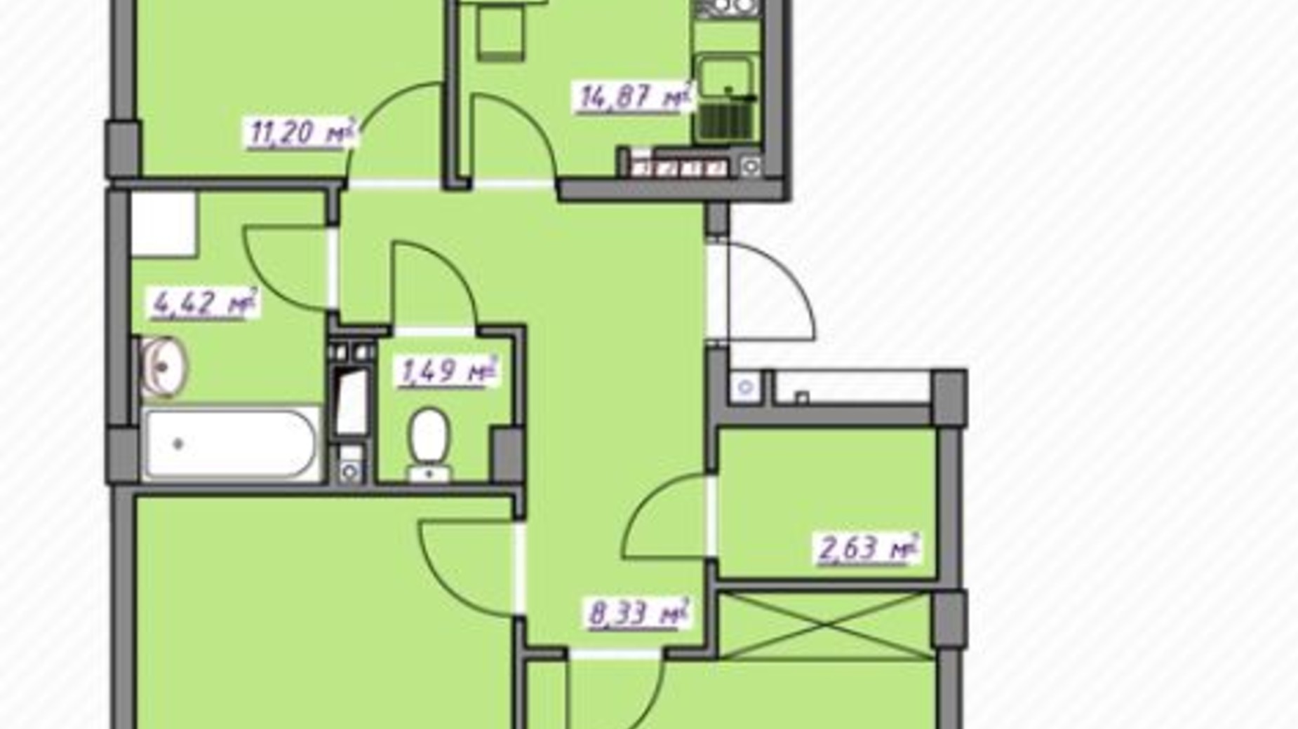 Планировка 3-комнатной квартиры в ЖК Седьмое небо 77.79 м², фото 166684