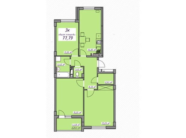 ЖК Седьмое небо: планировка 3-комнатной квартиры 77.79 м²