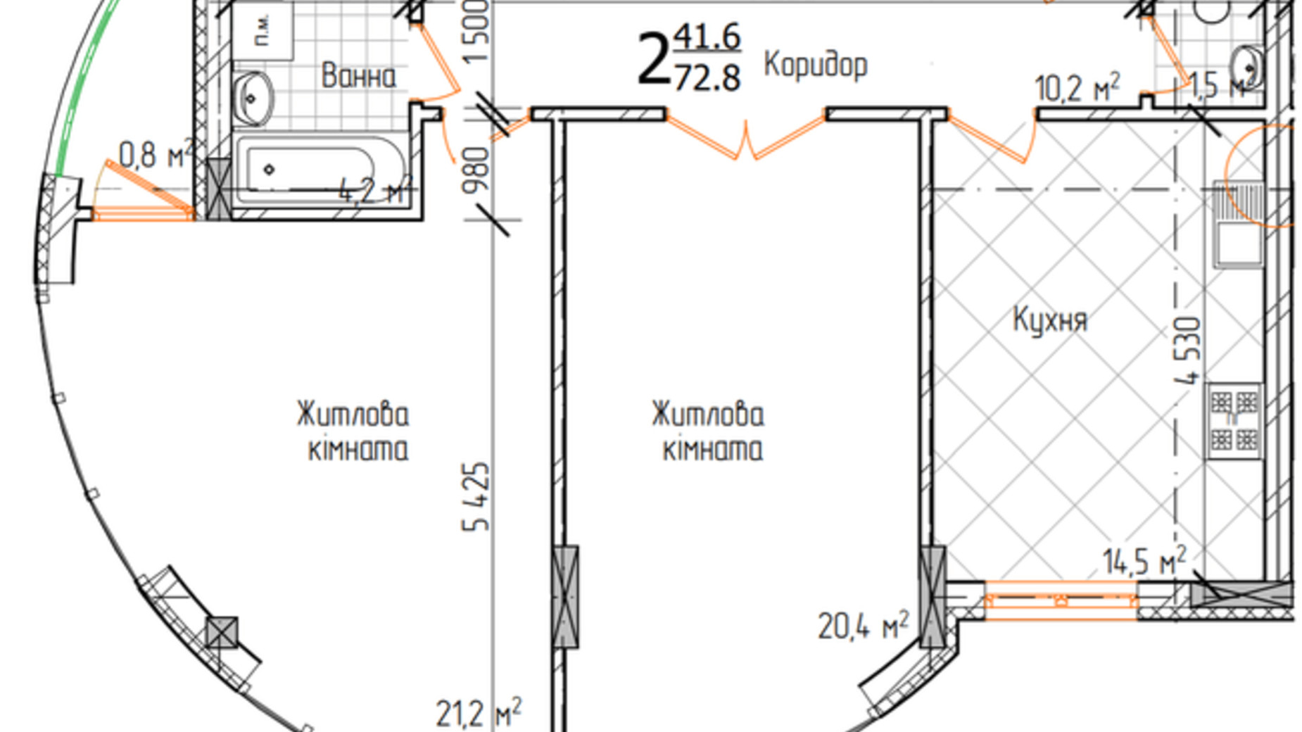 Планировка 2-комнатной квартиры в ЖК Маєток Буковинський 72.8 м², фото 166704