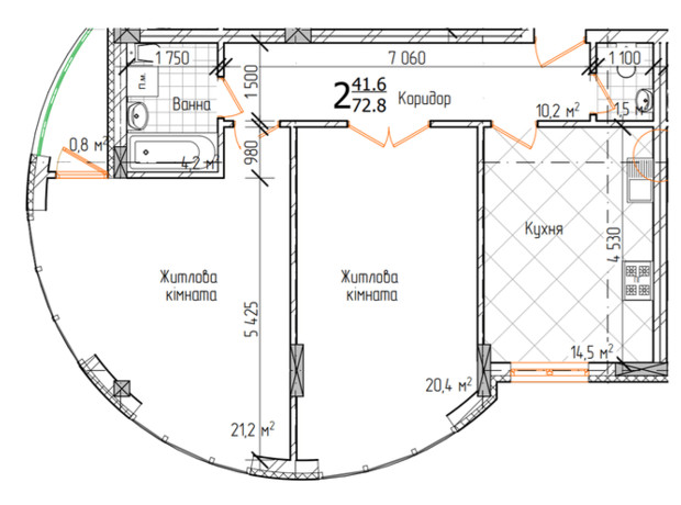 ЖК Маєток Буковинський: планировка 2-комнатной квартиры 72.8 м²